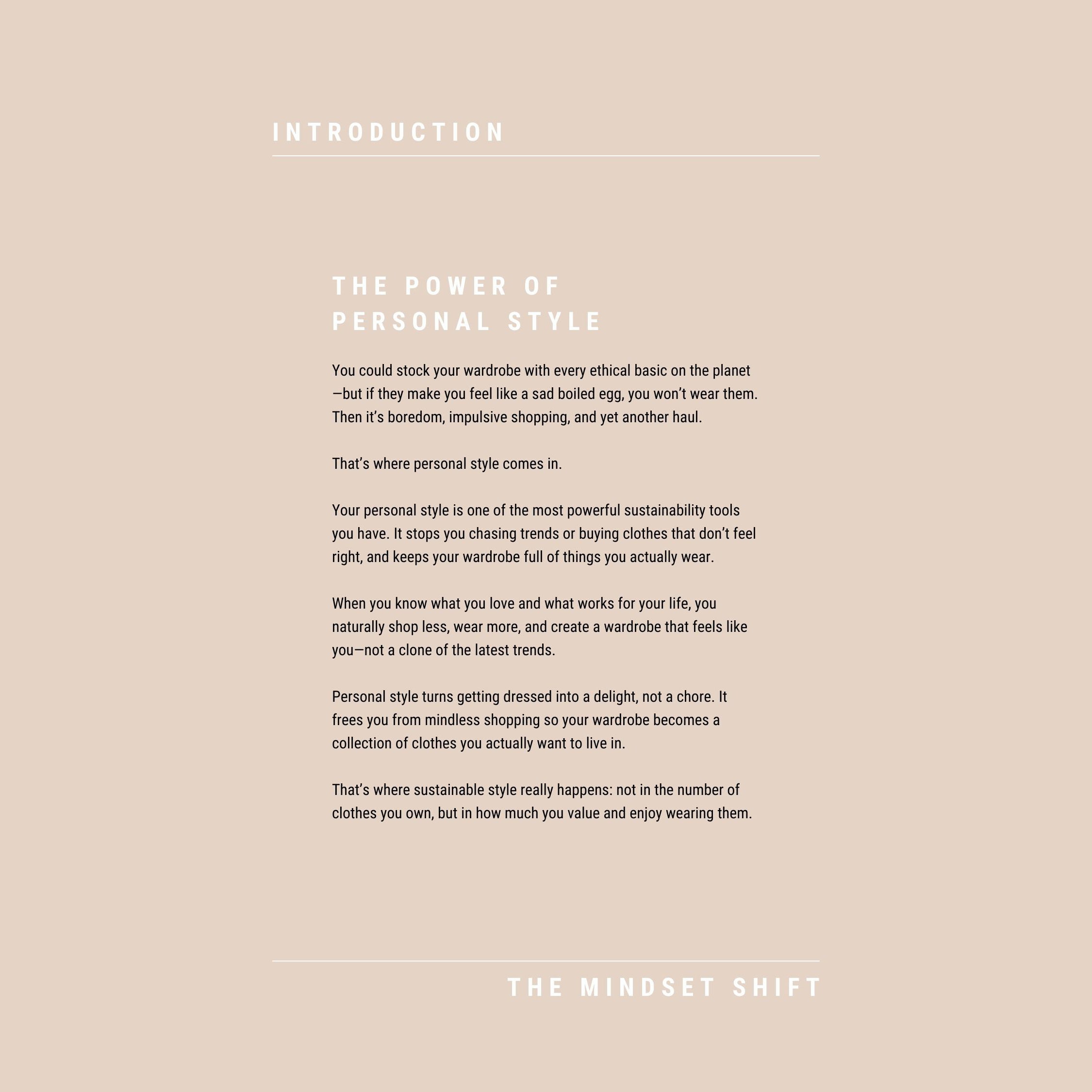 Text on a beige background about the power of personal style and sustainable fashion.