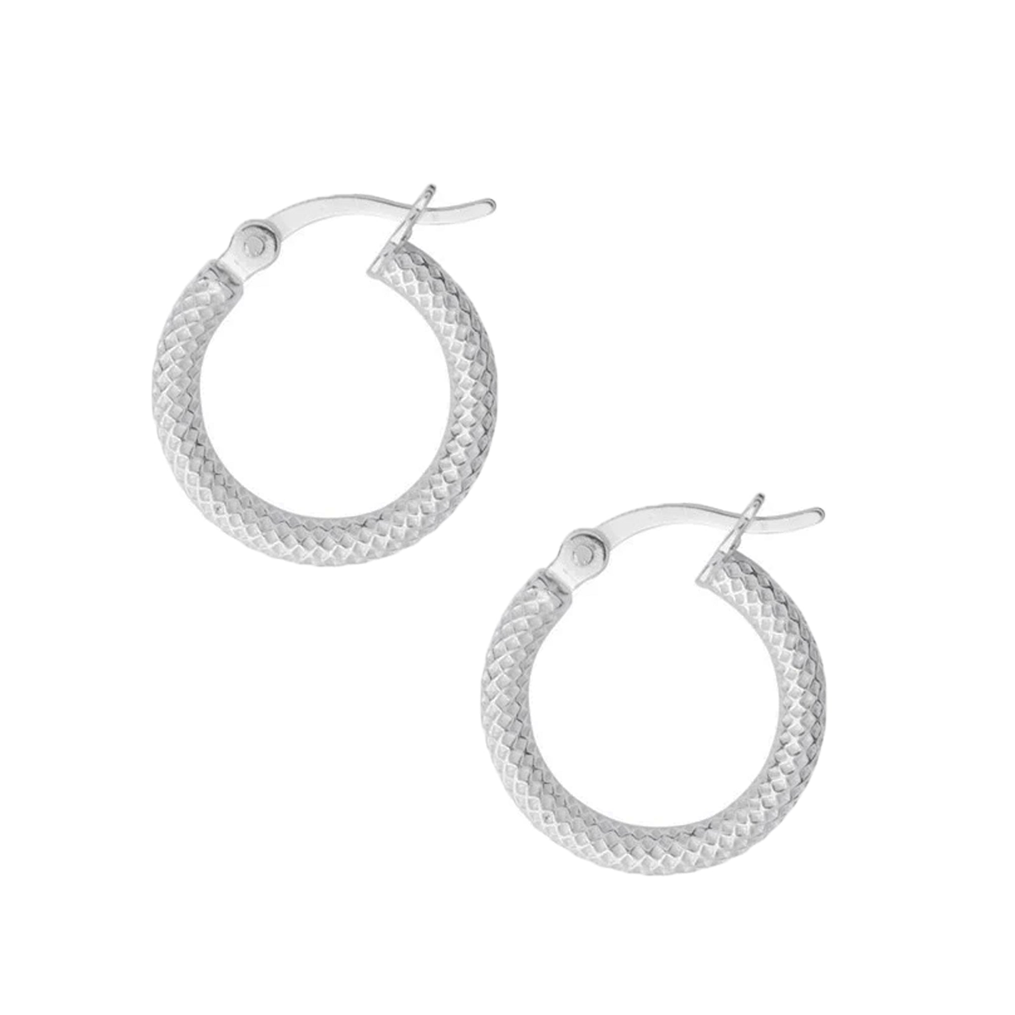Pair of silver hoop earrings with a diamond cut pattern on a white background