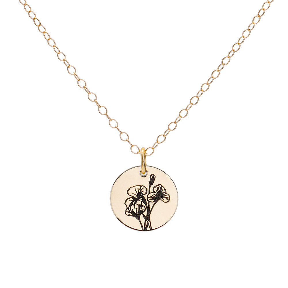 Gold Violet Birth Flower Necklace Affordable Ethical Jewellery