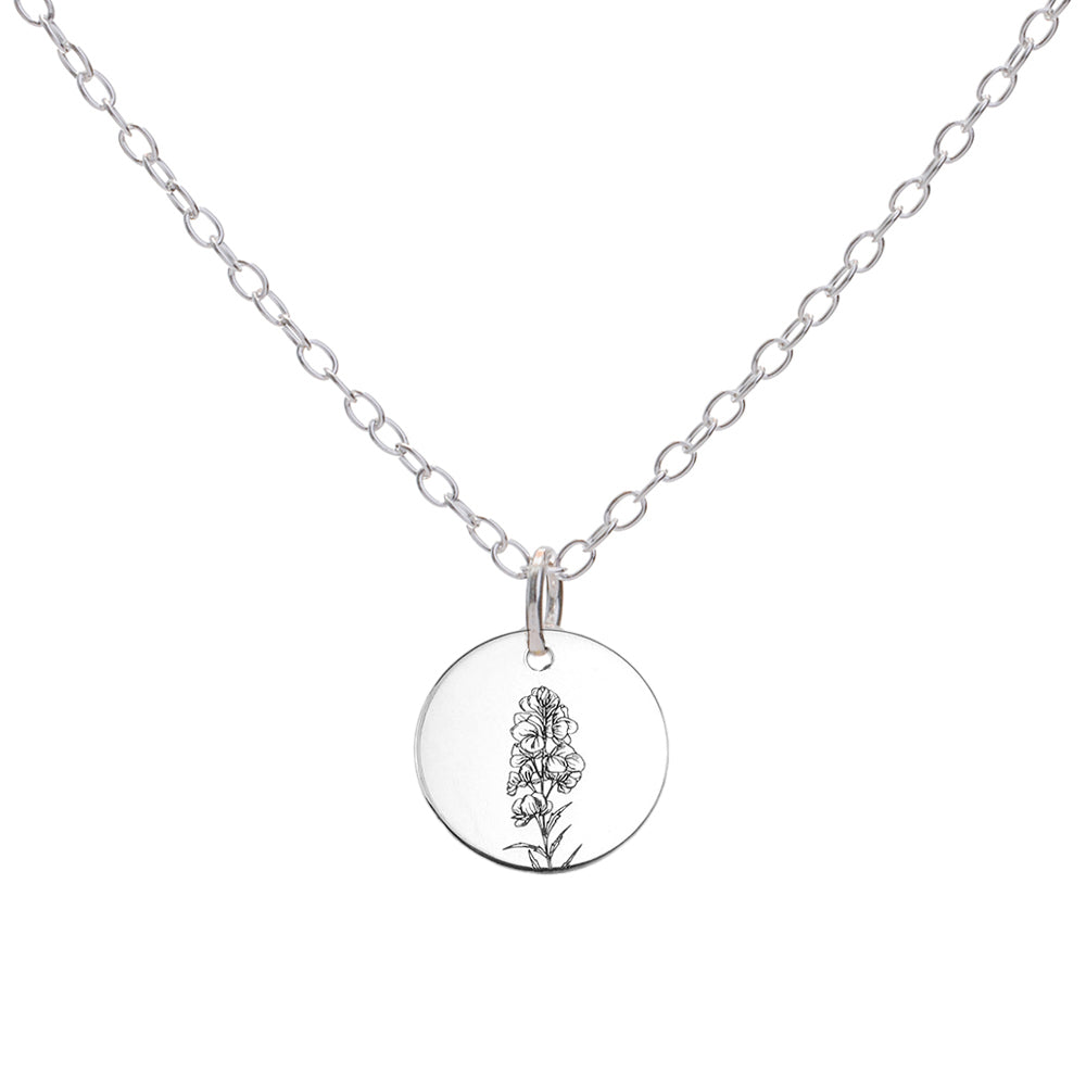 Silver Larkspur July Birth Flower Necklace