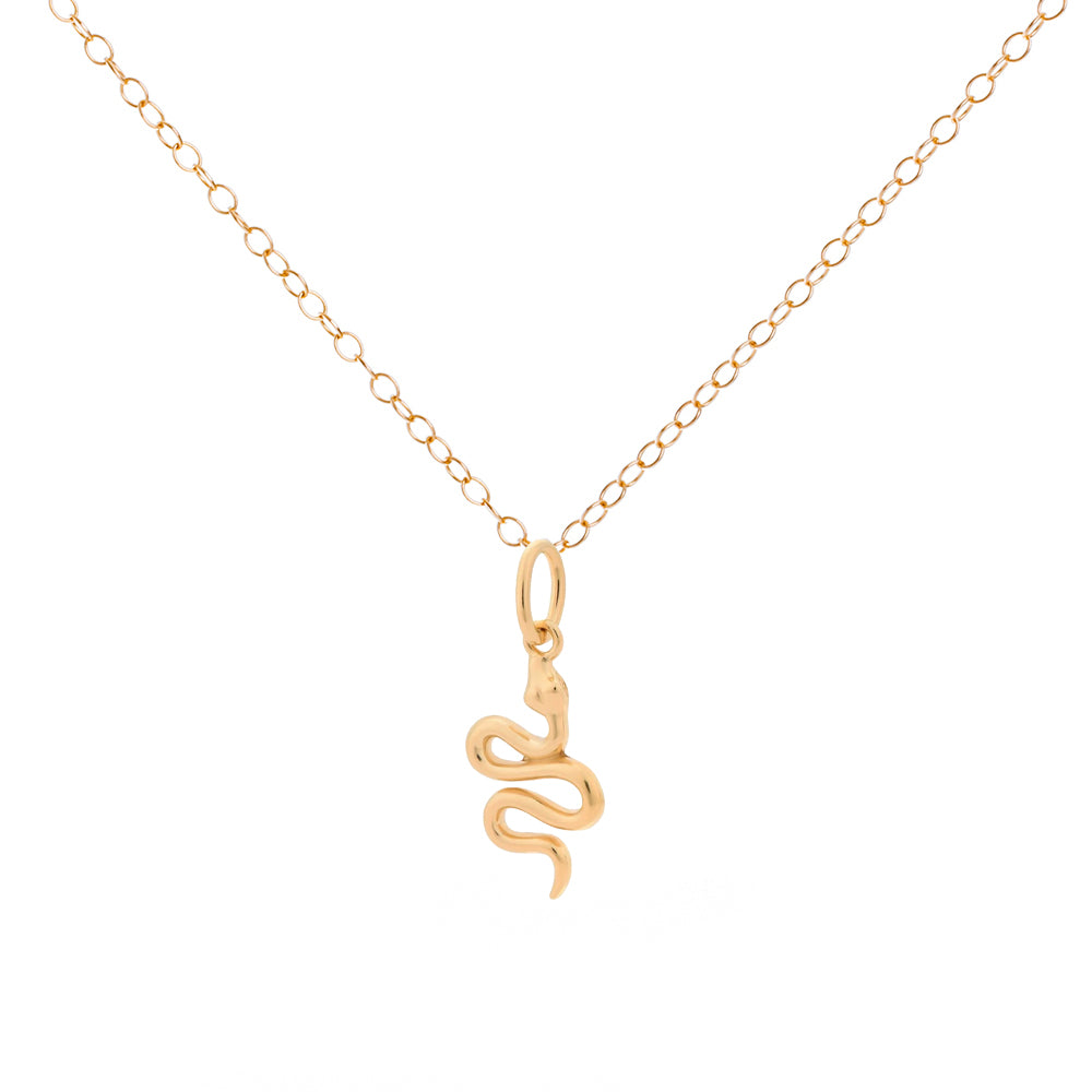 Gold snake pendant necklace on a white background