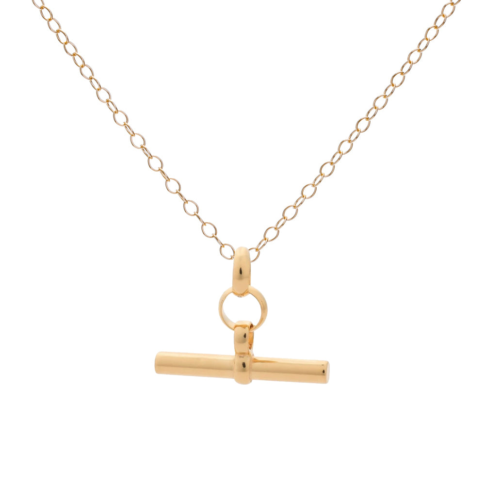 Gold necklace with a t-bar pendant on a white background