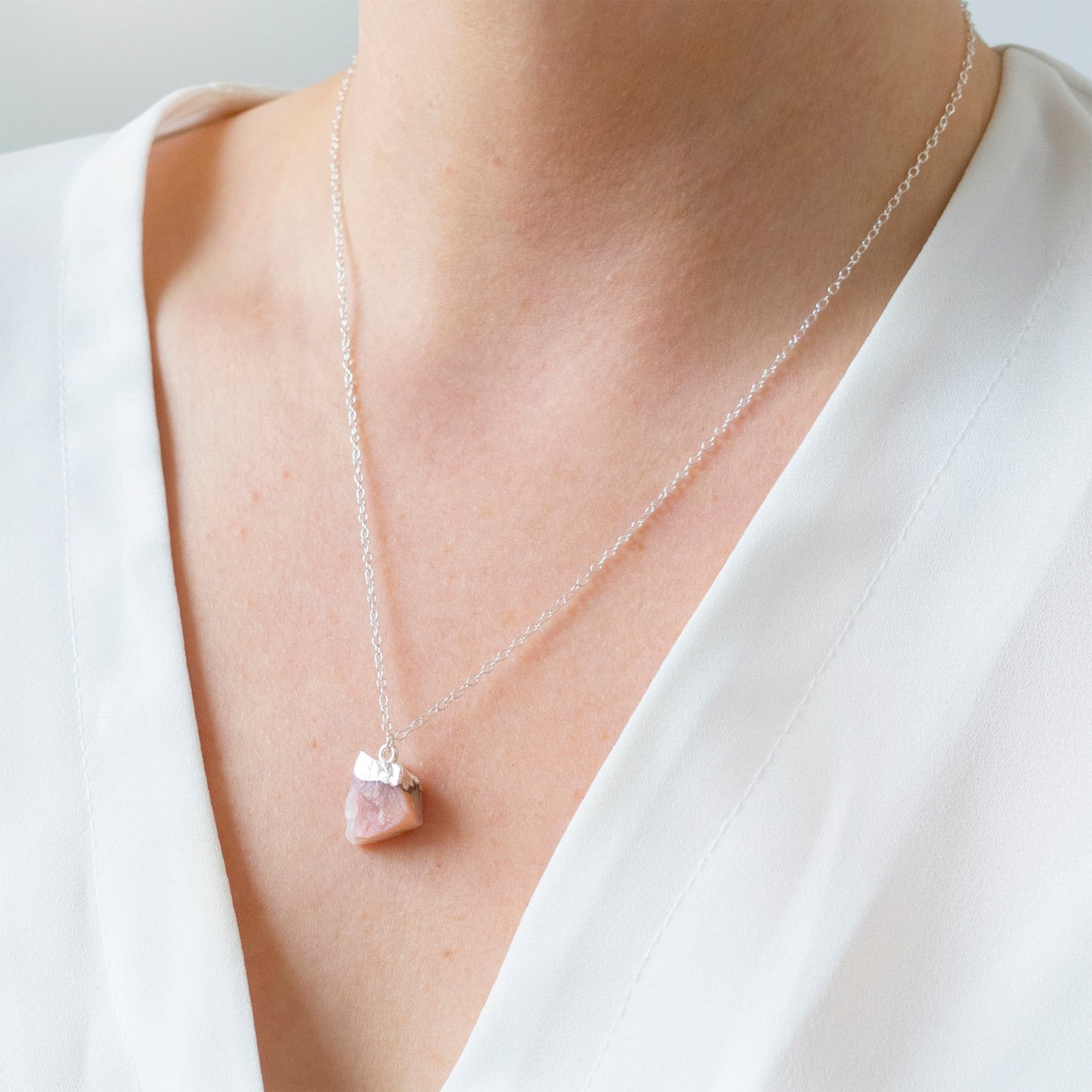 Silver Pink Opal Raw Crystal Necklace