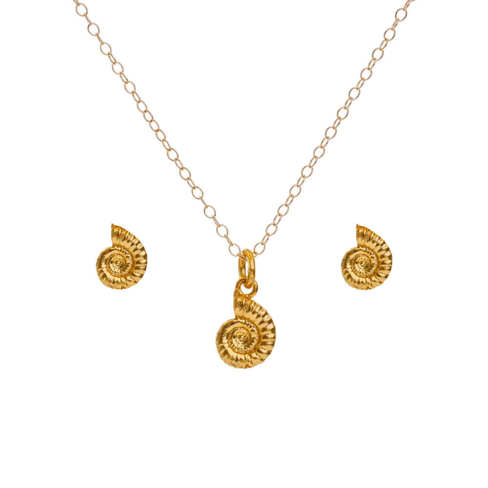 Matching Gold Ammonite Fossil Necklace & Earrings
