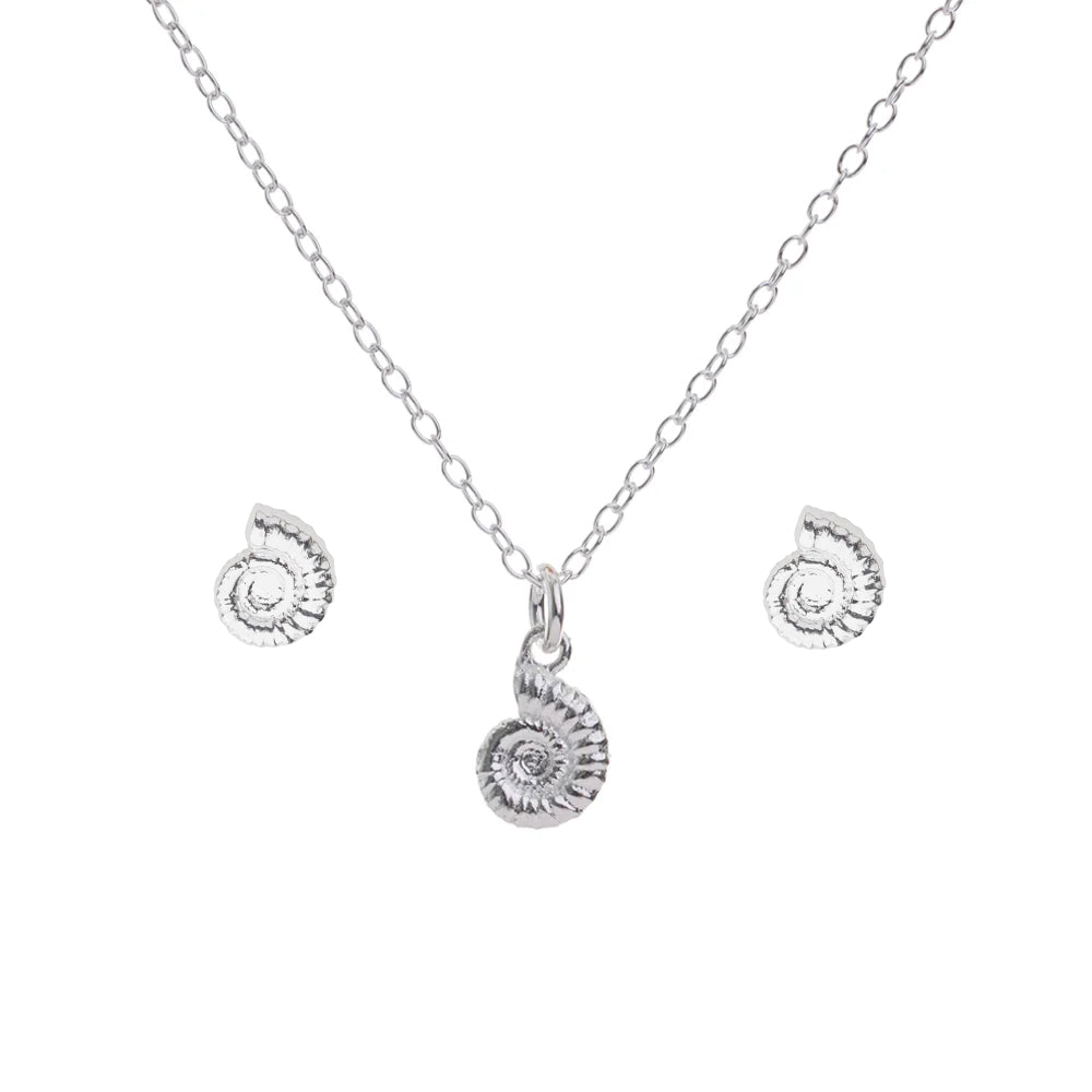 Matching Silver Ammonite Fossil Necklace & Earrings
