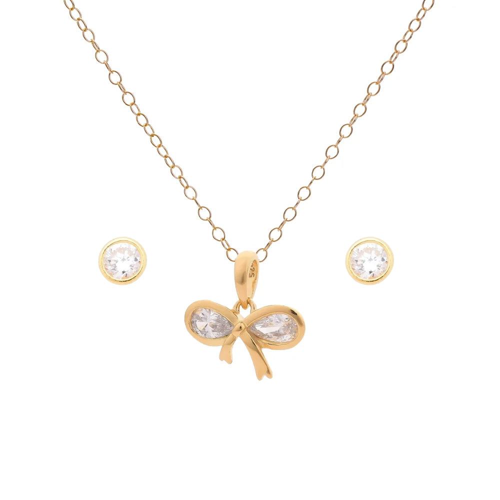 Matching Gold Cubic Zirconia Bow Necklace & Earrings