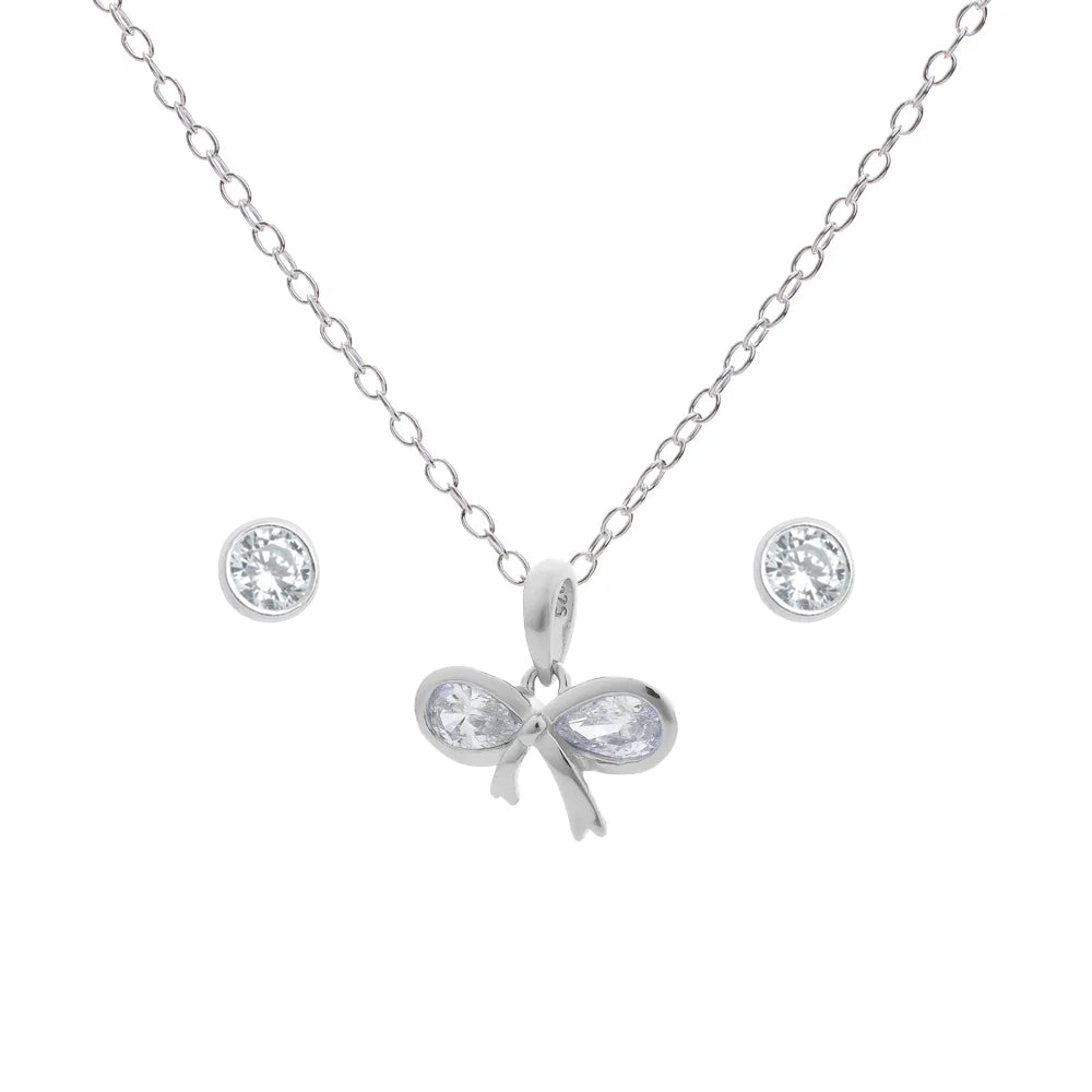 Matching Silver Cubic Zirconia Bow Necklace & Earrings