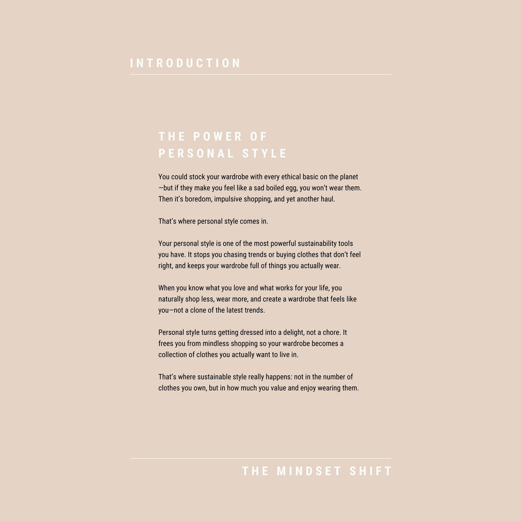 Text on a beige background about the power of personal style and sustainable fashion.