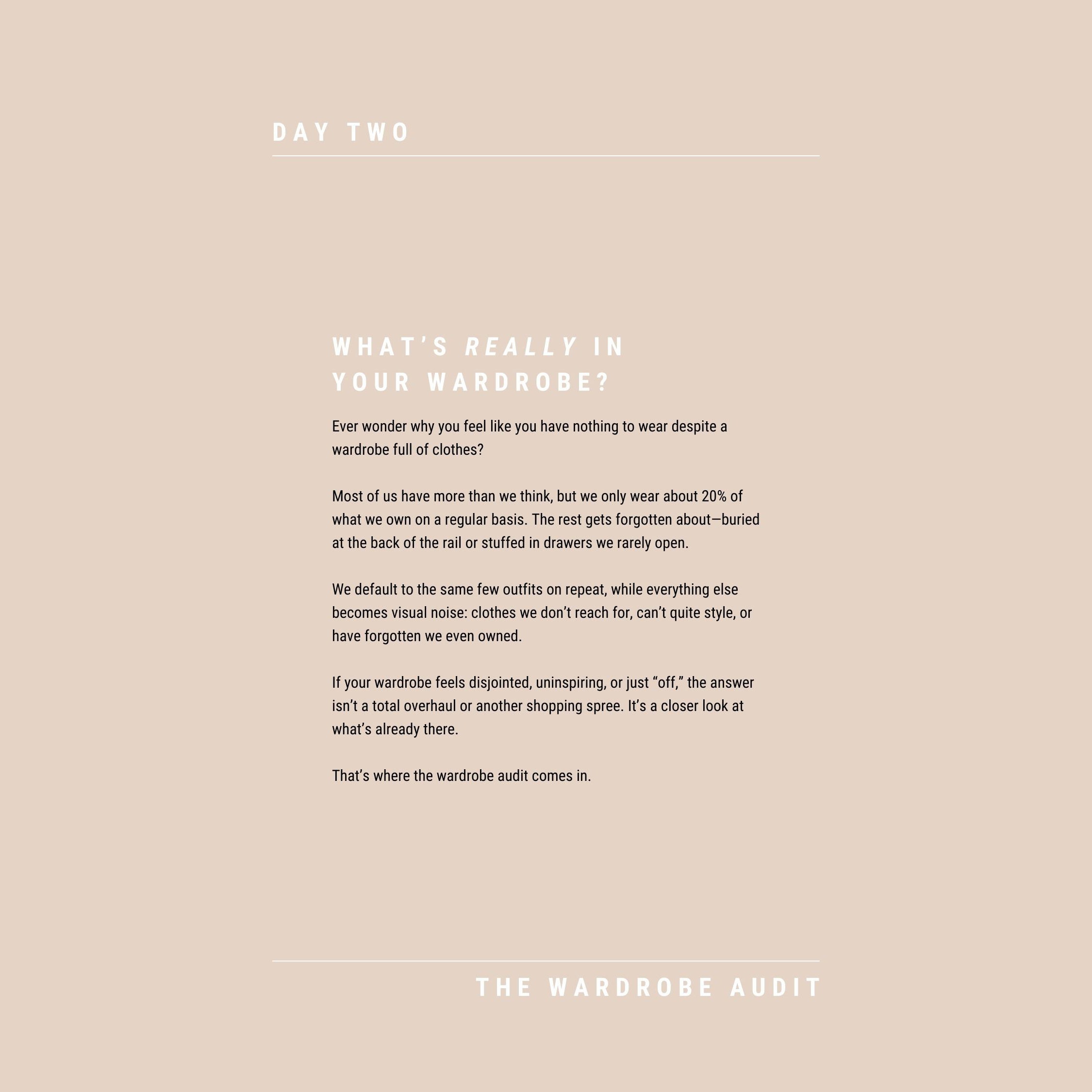 Text on a beige background about wardrobe audits and clothing usage.
