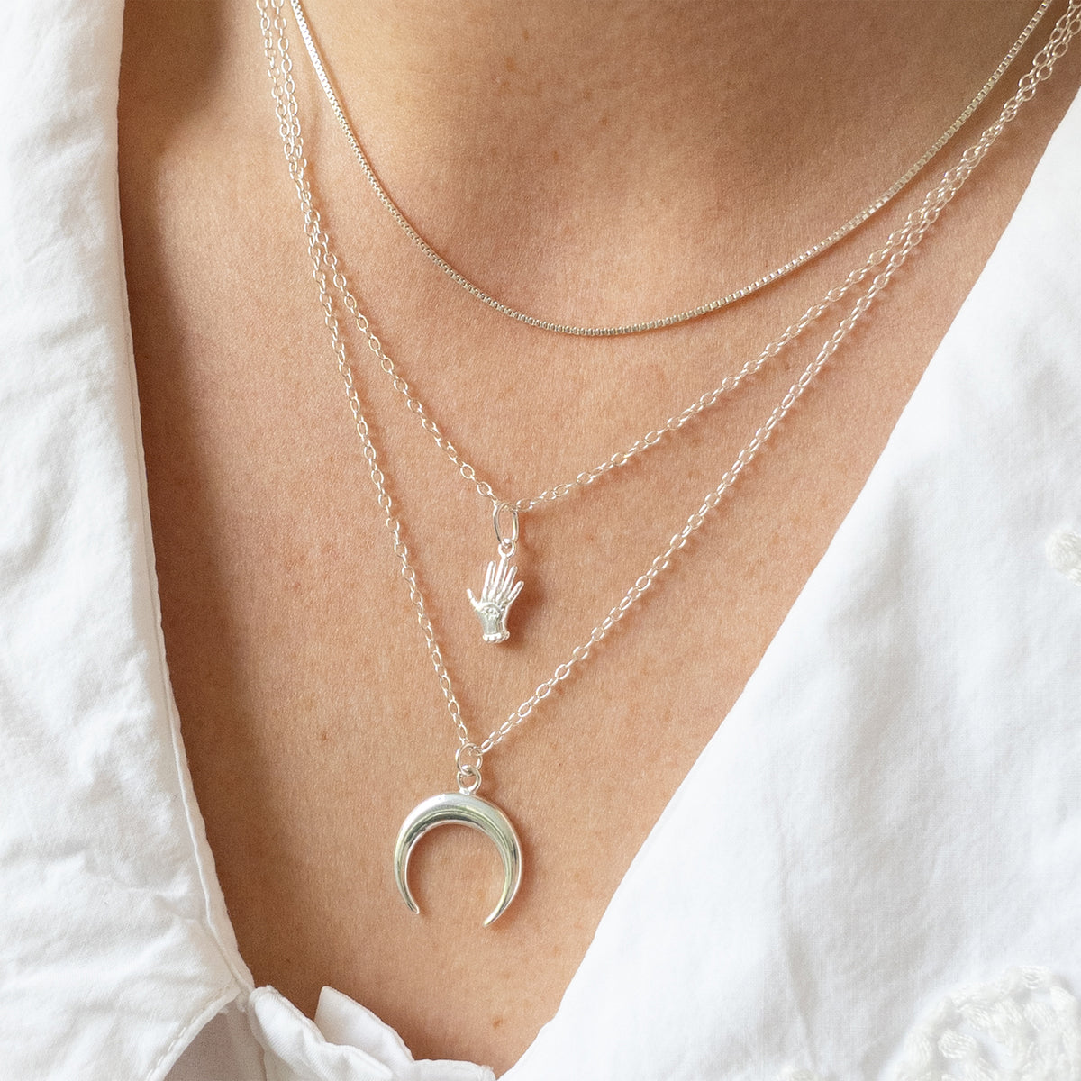 Silver Evil Eye Hand Charm Necklace