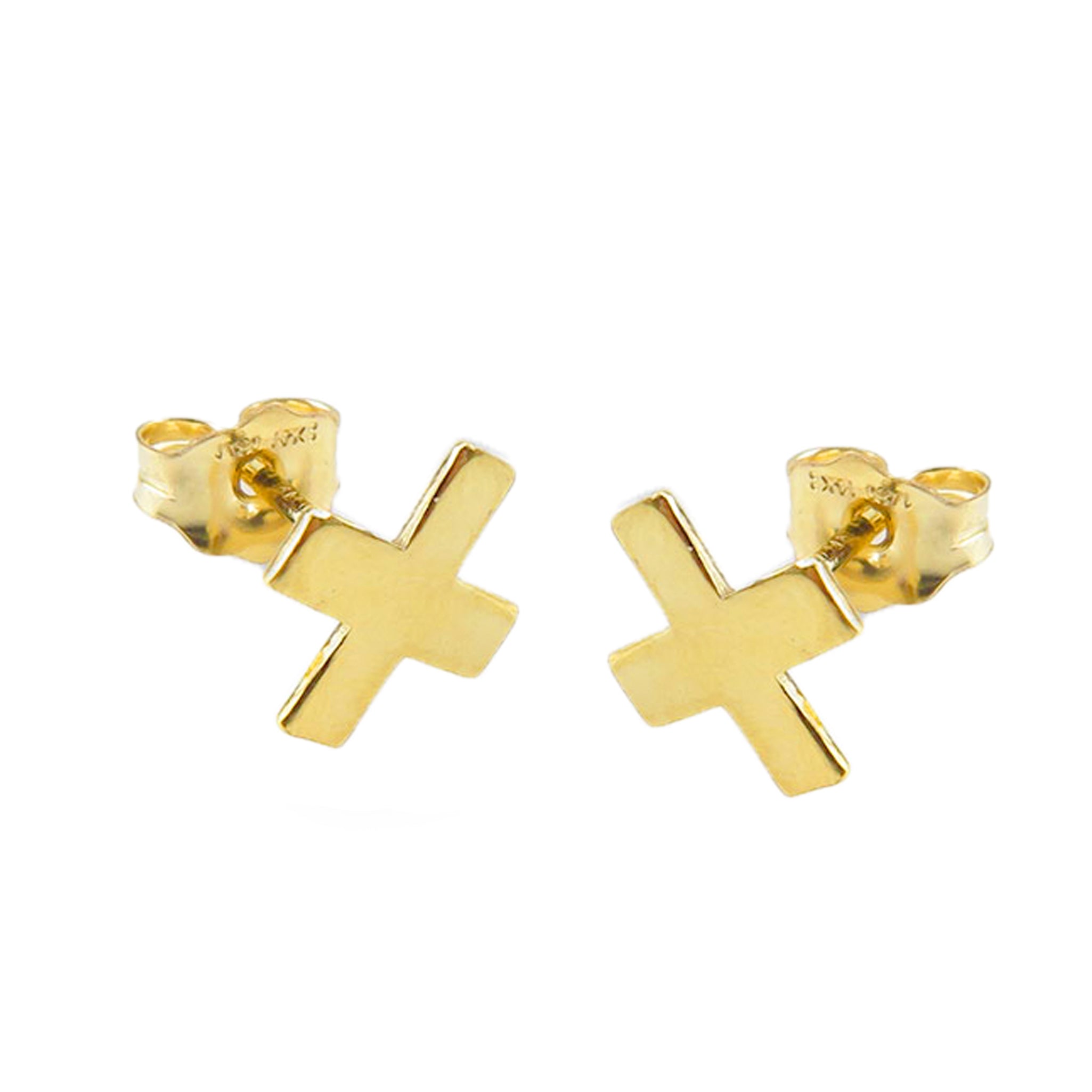 A pair of gold-colored cross ear studs against a white background.