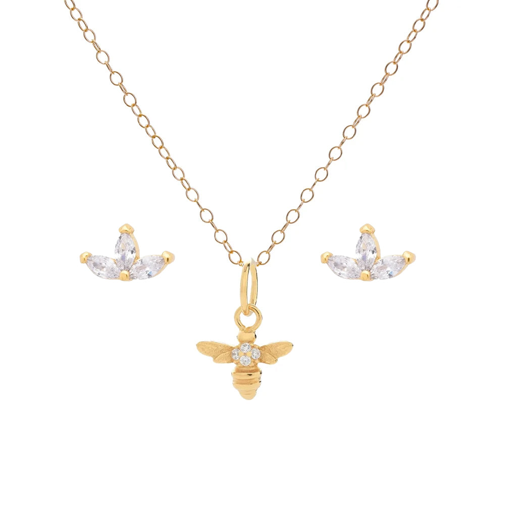 Matching Gold Cubic Zirconia Bee Necklace & Earrings