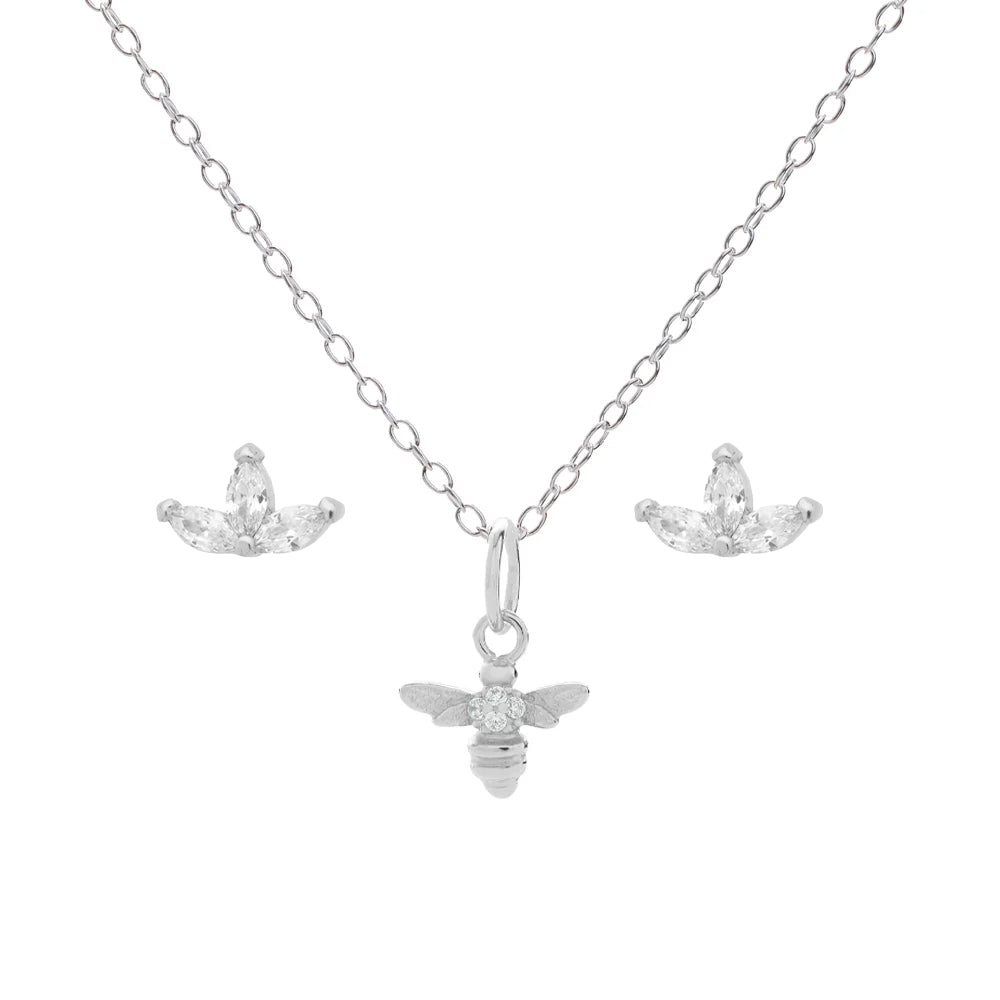 Matching Silver Cubic Zirconia Bee Necklace & Earrings