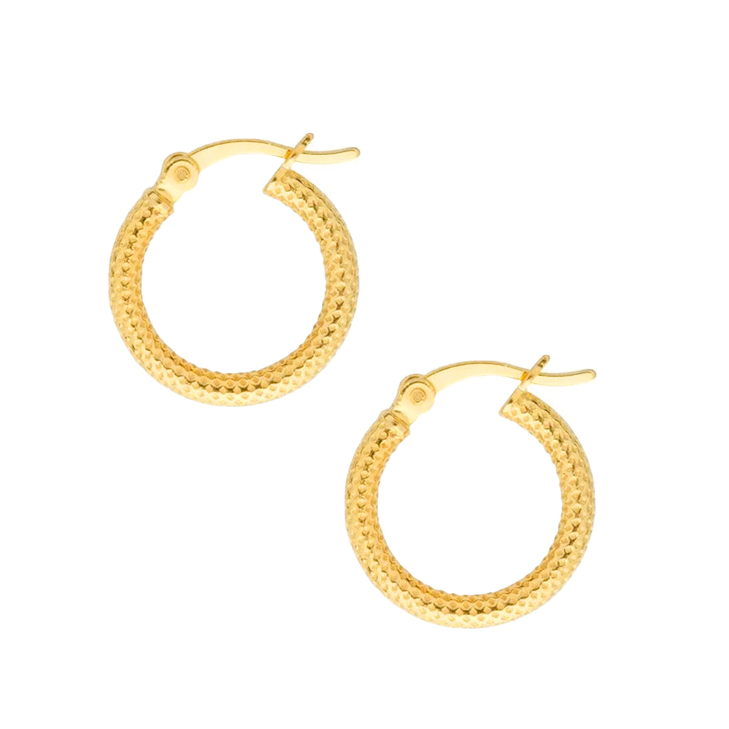 Gold hoop earrings with a diamond cut pattern on a white background