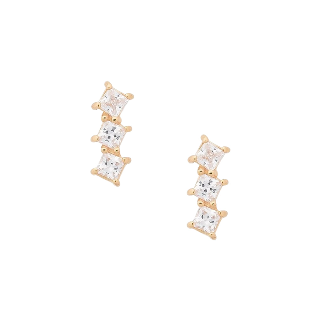 Gold Triple Cubic Zirconia Bar Studs