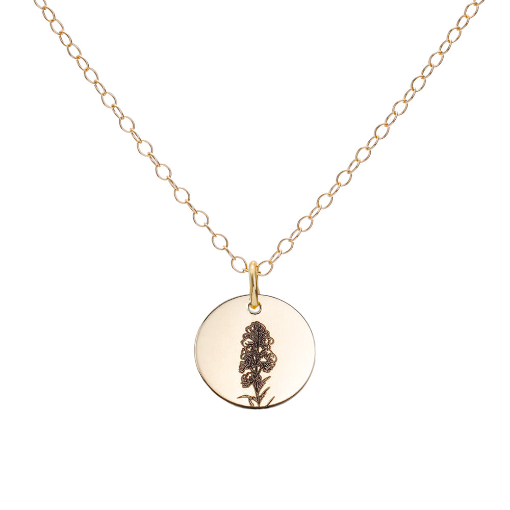 Gold Larkspur July Birth Flower Necklace