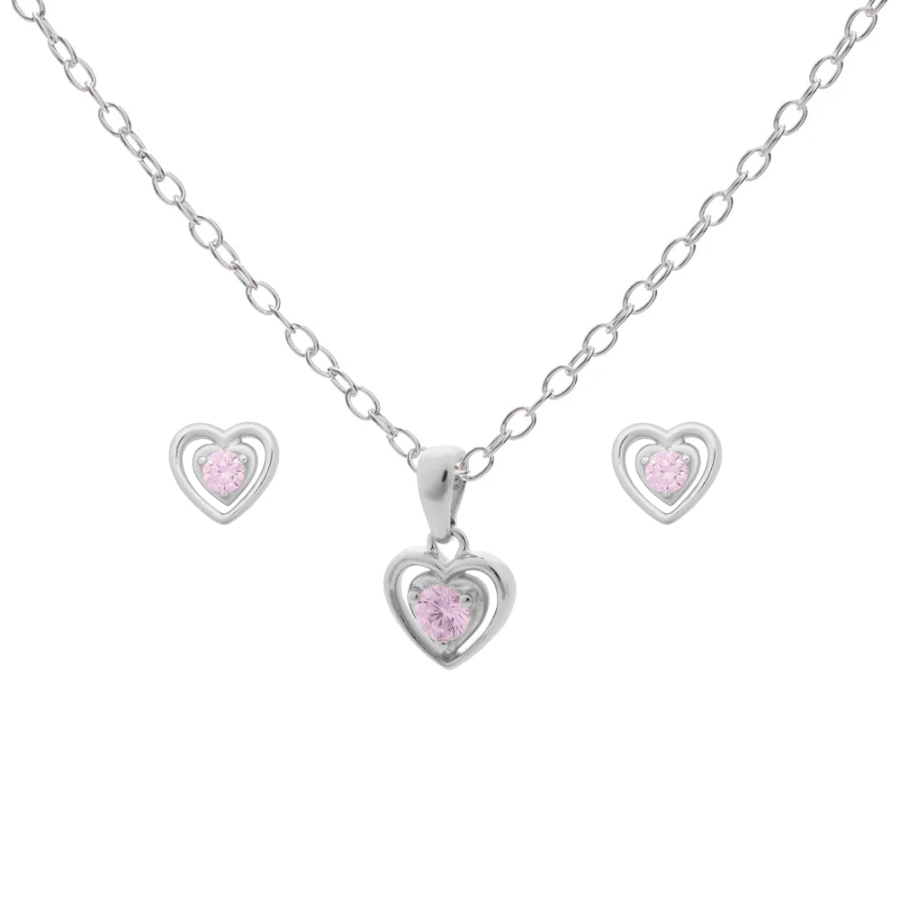 Matching Silver Pink Heart Necklace & Earrings