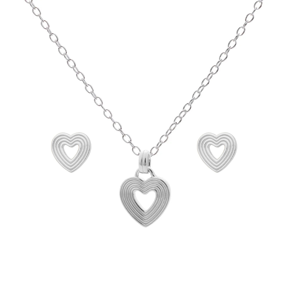 Matching Silver Ripple Heart Necklace & Earrings