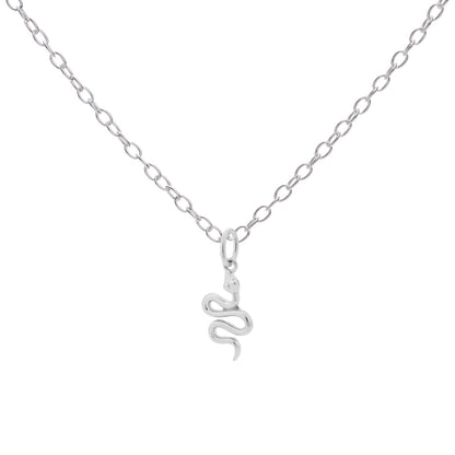 Silver snake pendant necklace on a white background