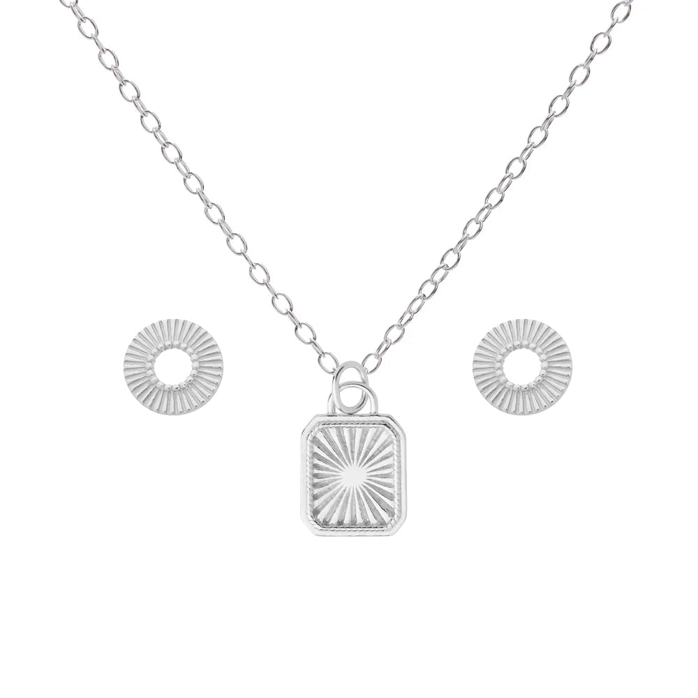 Matching Silver Sunburst Necklace & Earrings Set