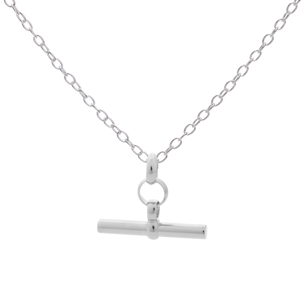 Silver necklace with a t-bar pendant on a white background
