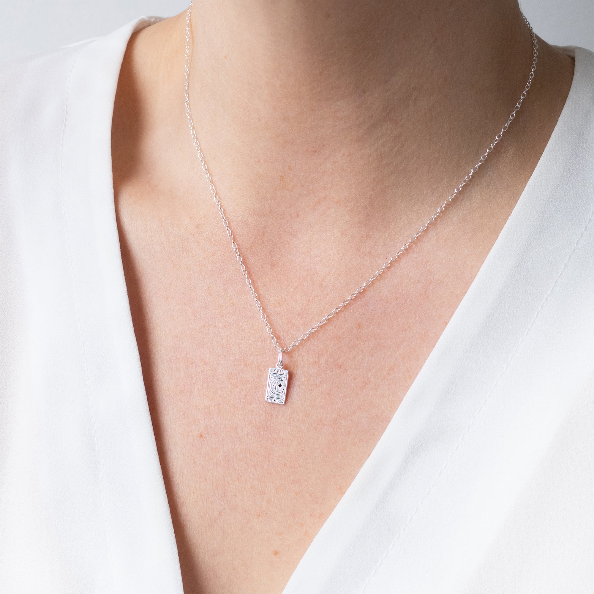 Silver Tarot Card Moon Charm Necklace