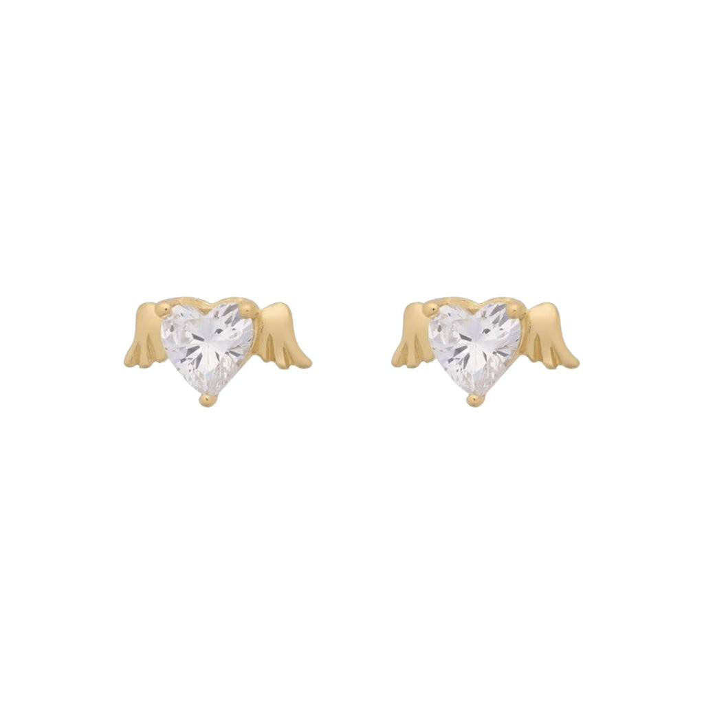 Heart-shaped diamond earrings with gold settings on a white background